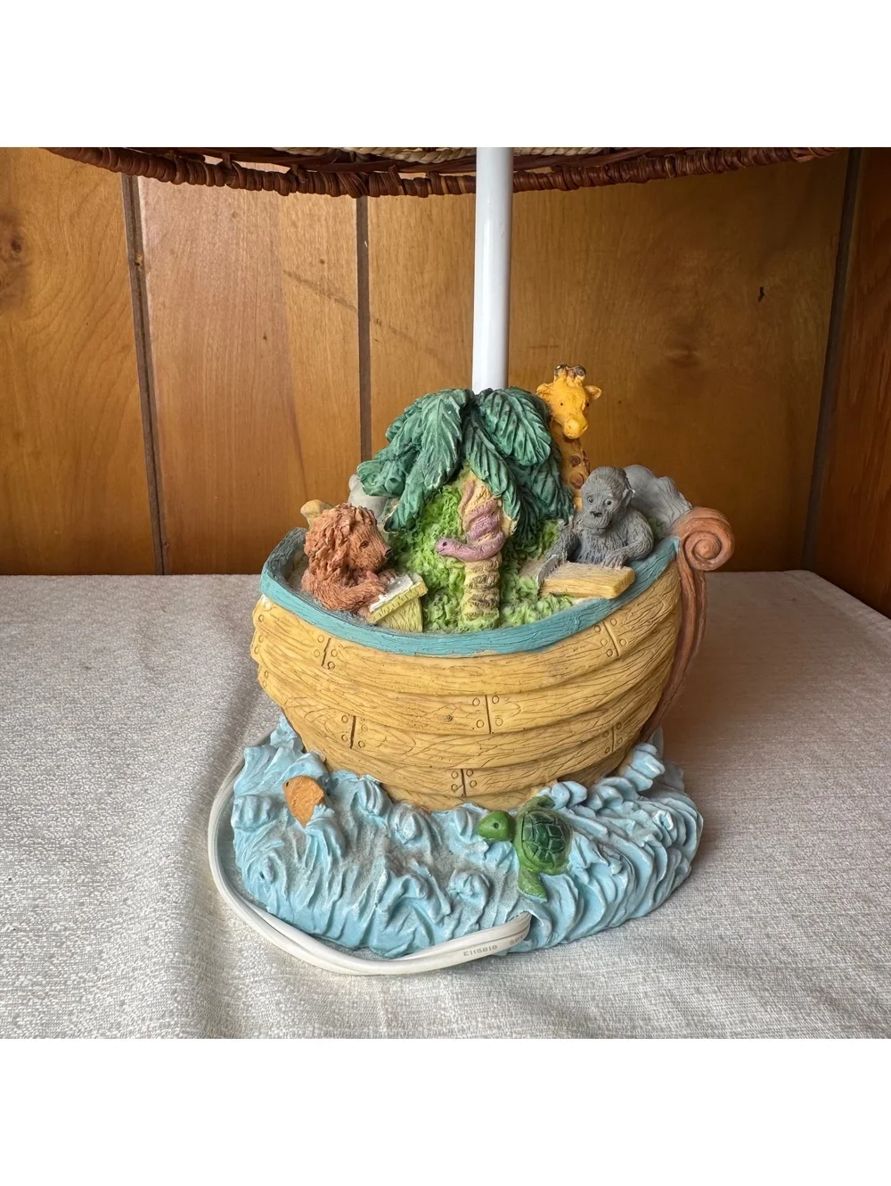 Vintage Noah’s Ark Animal Table Lamp With Woven Shade 14 Inch Nursery Decor